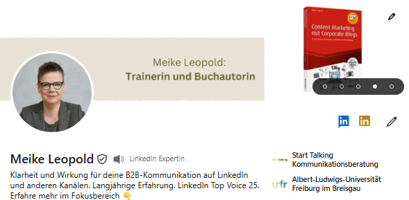 Das Bild zeigt den LinkedIn Header von Meike Leopold, Start Talking