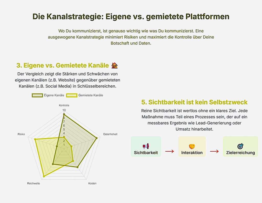 Diagramm vergleicht Reichweite, Kontrolle und Risiko von eigenen und gemieteten Kommunikationskanälen.