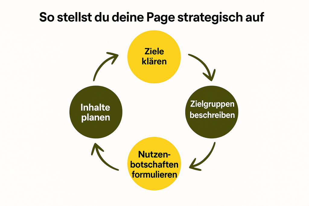 Die Ablaufgrafik zeigt die vier wichtigsten Erfolgsfaktoren für LinkedIn Unternehmensseiten: Ziele klären, Zielgruppen beschreiben, Nutzenbotschaften klären, Inhalte planen. 