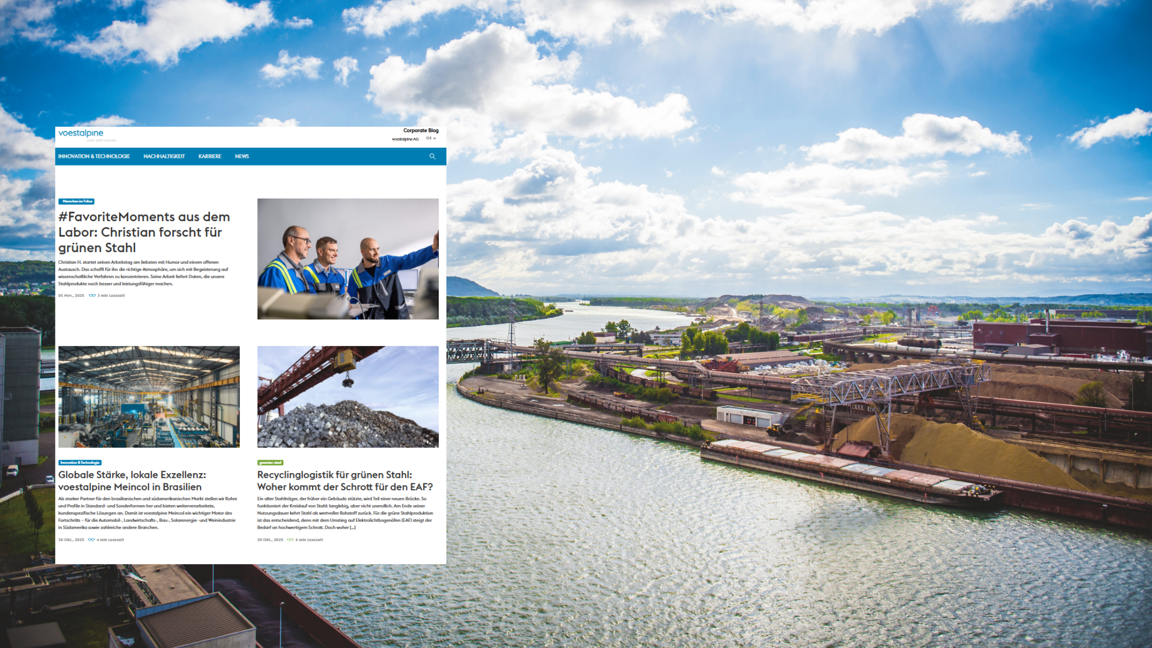 Das Bild zeigt das voestalpine Werk in Linz mit einem Screenshot des voestalpine Blogs