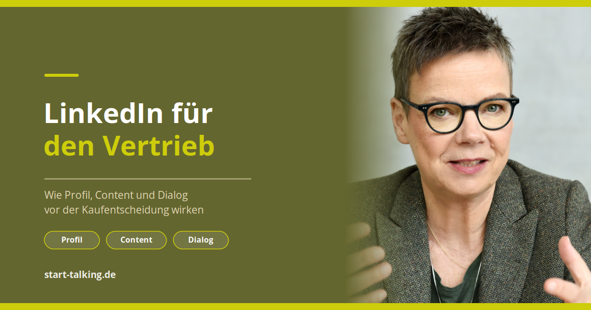 Meike Leopold im Porträt neben dem Titel ‚LinkedIn für den Vertrieb' in den Farben von Start Talking.